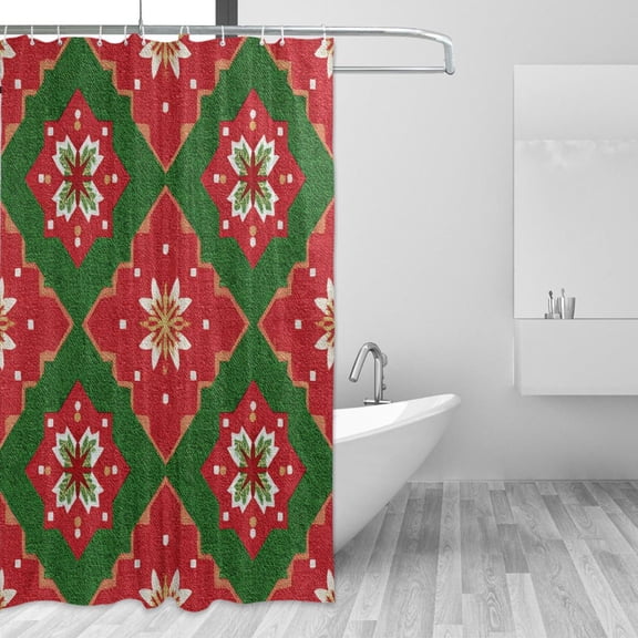 Christmas Vibrant Red Green Geometrical Patterns Shower Curtains with 12 Hooks Waterproof Bathroom Decor 66" x 72"