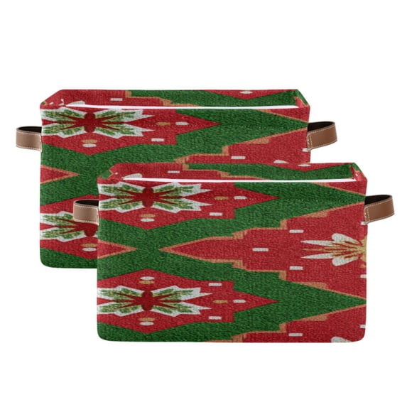 Christmas Vibrant Red Green Geometrical Patterns Square Storage Bins with Handles Collapsible Containing Box 2 Packs