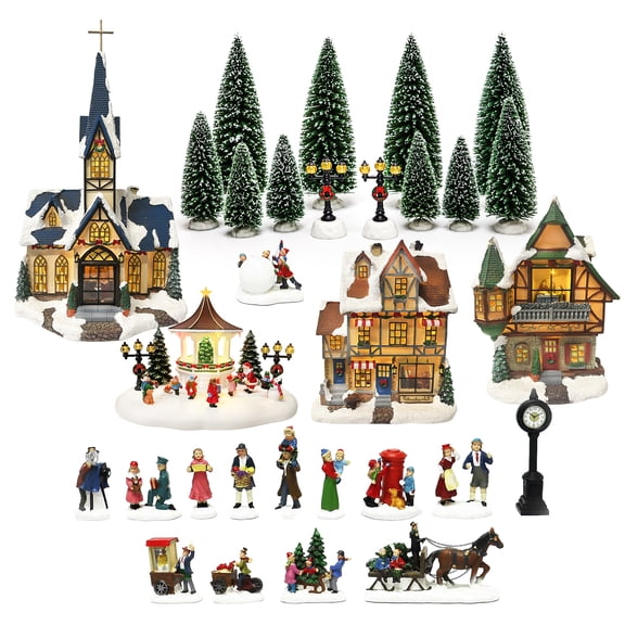Christmas Village 30 Piece Set Miniature Town with LED Lights Battery Operated Holiday Dcor Handcrafted Mini Houses, Church & Figurines for Christmas Display