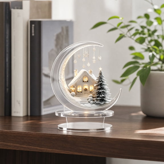 Christmas Village Acrylic Tabletop Ornament, Snowy Cabin Scene with Tree Snowman, 2D Acrylic Stand Decor for Home Holiday Gift