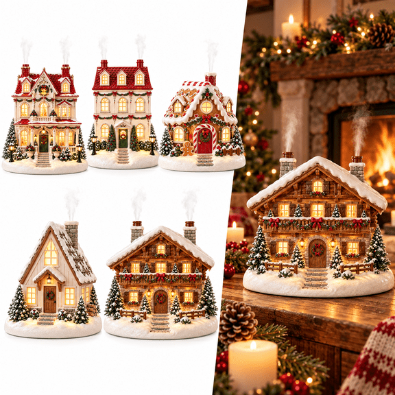 Christmas Village Aroma Diffuser, Lighted House with Chimney Mist, Warm Glow and Essential Oil Scent for Holiday Decor, Victorian Christmas House