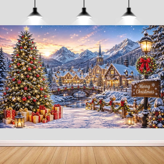 Christmas Village Backdrop, Mountain Snowy Town Xmas Tree Photo Background 8X6ft Christmas Backdrop Winter Village Scene,Snow Town,Xmas Tree,Bridge River,Photo Studio Background,Holiday Party Decor