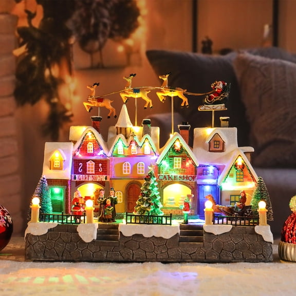 Christmas Village Decor with Lit Shops, Santa Sleigh & Reindeer,LED Illuminated Tabletop Decoration,Rotating Christmas tree,for Indoor Holiday Ambiance,Christmas Decor