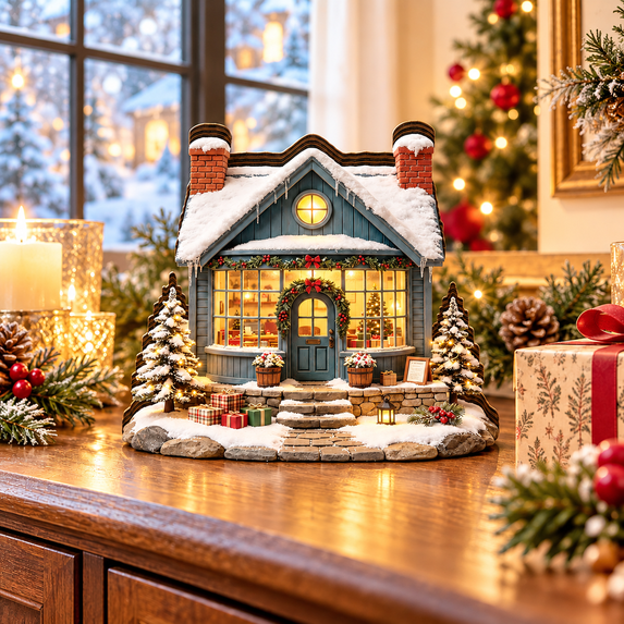Christmas Village Decor, Wooden Snowy Cabin Tabletop House with Soft Light for Mantel Console Table Desk and Seasonal Display, 4.72 x 4.33 x 0.79 in