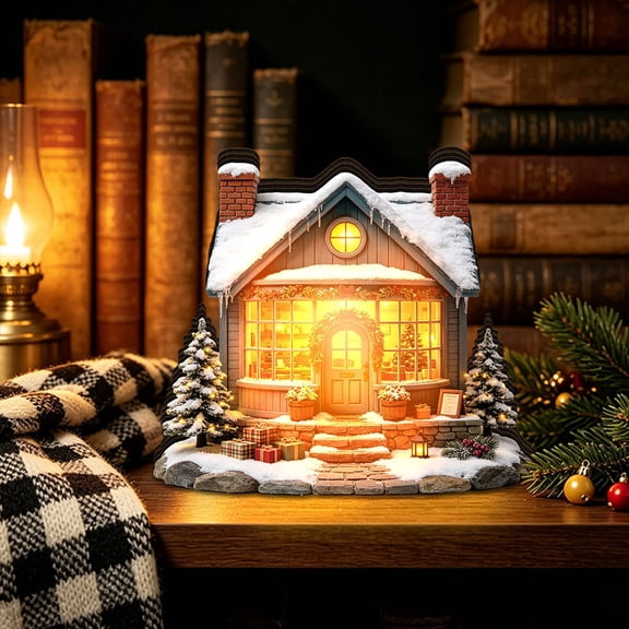 Christmas Village Decor, Wooden Snowy Cabin Tabletop House with Soft Light for Mantel Console Table Desk and Seasonal Display, 4.72 x 4.33 x 0.79 in
