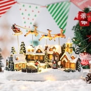 Christmas Village Decor with Rotating Santa & Reindeer,LED Lighting House Crafts Decoration for Home Holiday Christmas Decoration