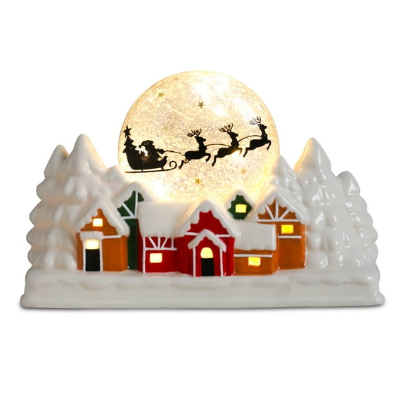 Christmas Village Decor with Santa Sleigh & Reindeer Globe,Ceramic Tabletop Decoration,Warm LED Lights for Festive Home Ambiance,Christmas Decor