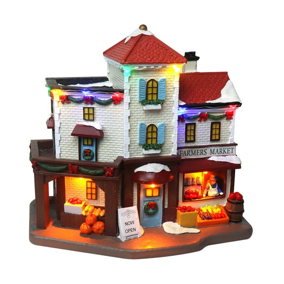 Christmas Village Farmer's Market Lighted Musical Snow Village Collectible Building Perfect Addition to Your Christmas Indoor Decorations & Holiday Displays