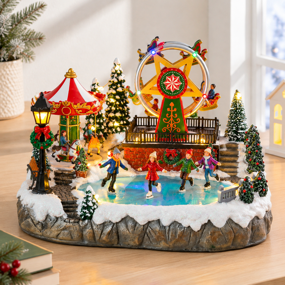 Christmas Village Ferris Wheel Carousel Music Decoration, Amusement Park Themed Animated Holiday Display