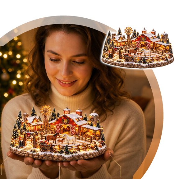 Christmas Village Figurine Lighted Farm Scene Ornament with Built In LED Lights Rustic Holiday Display Statue for Fireplace Mantel Shelf