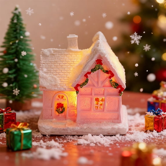 Christmas Village Figurines Decoration, Lighted LED Christmas Village Houses for Xmas Town Scene Desk Battery Operated Landscape Decor, 1 Pcs, 1.97x1.8x2.9"