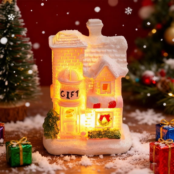 Christmas Village Figurines Decoration, Lighted LED Christmas Village Houses for Xmas Town Scene Desk Battery Operated Landscape Decor, 1 Pcs, 1.97x1.8x2.9"