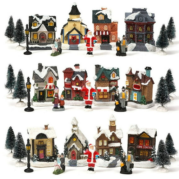 Christmas Village Figurines Decoration Set Lighted LED Christmas Village Houses with Figurines Snow Blanket Roll for Xmas Town Scene Desk Landscape Decoration Christmas Gift Decoration