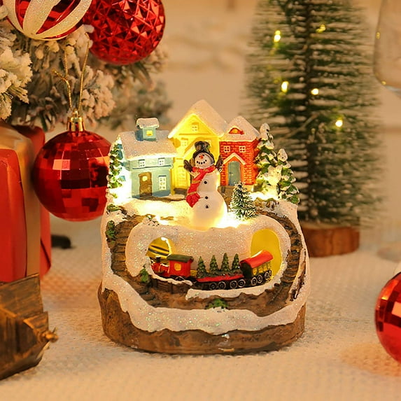 Christmas Village Figurines Musical Snow Globe Christmas Collectible Buildings Decoration with Spinning Train 8 Music & LED Light for Christmas Home Decor Gift Santa Claus