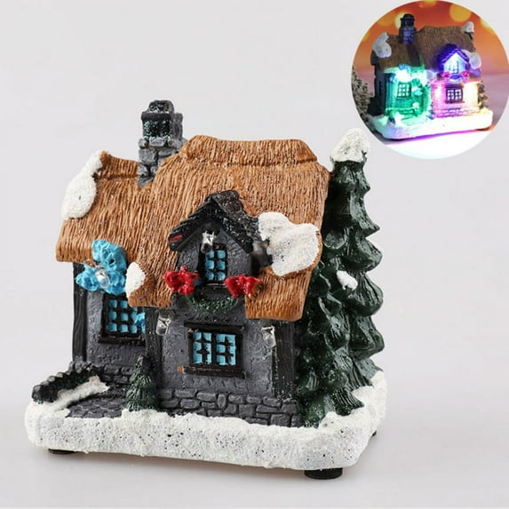 Christmas Village Glowing House Ornament Tabletop Lighting House Resin Crafts Decoration for Home Holiday Xmas Party Kids Gift Living Room Office Bedroom