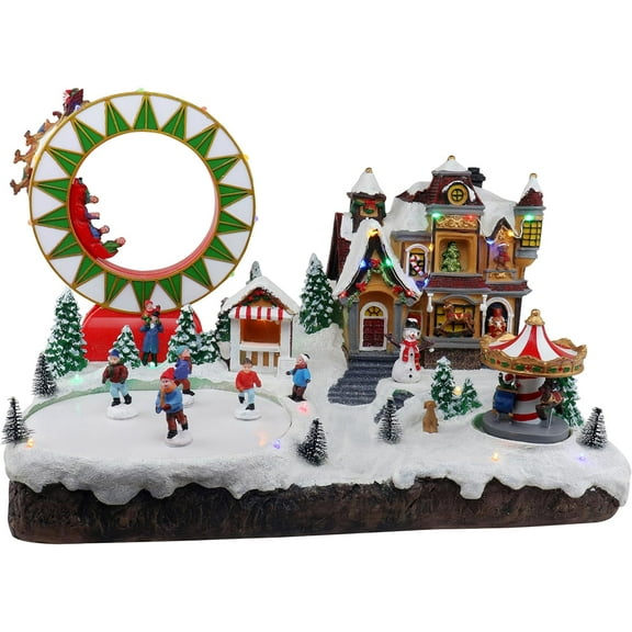 Christmas Village Grand Carnival - Animated Pre-lit Musical Snow Village with Moving Skaters, Santa Reindeer Sleigh, Merry Go Round & Ferris Wheel - Christmas Indoor Decoration & Christmas Display