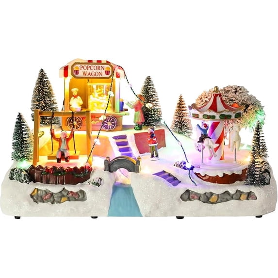Christmas Village House, Animated Amusement Park with Rotating Carousel,Popcorn Wagon and Swing Battery Operated Musical Christmas Collectible Buildings for Home Table Holiday Display