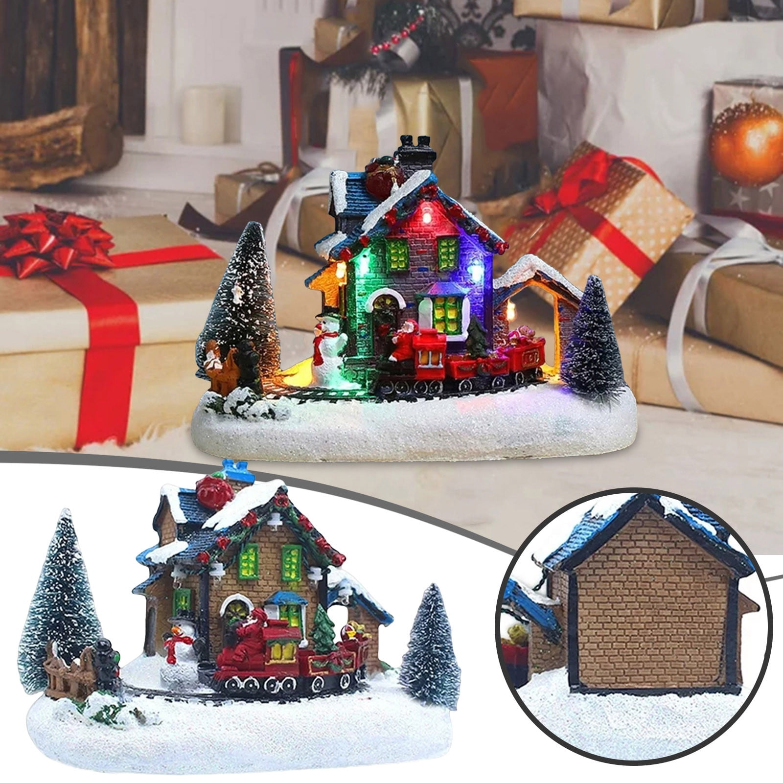 Christmas Village House Decoration, Colourful LED Lights Light Up Bell Tower and Buildings Rotating