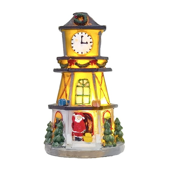 Christmas Village House LED Clock Tower Resin Figurine Lighted Up with Soft Glow for Holiday Home Office Shelf Decor