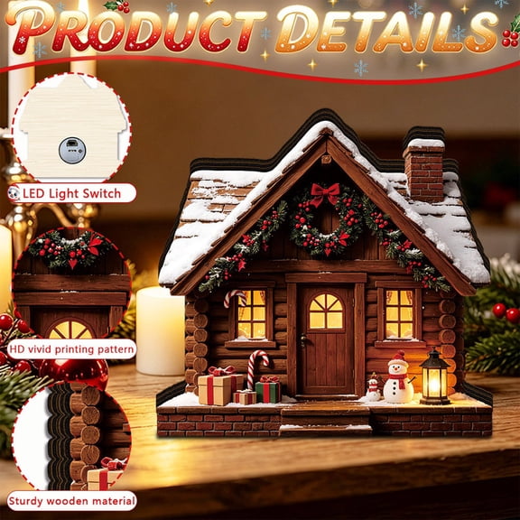 Christmas Village House LED Lighted Wooden Figurine, Log Cabin Style Light Up Xmas Cottage Desktop Ornament Winter Snow House Tabletop Decor for Mantel, Shelf & Window