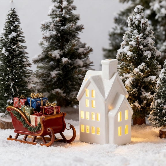Christmas Village House Light Up Decorations, White Ceramic House Decor with Lights, Light Up Christmas Winter Village Houses for Tabletop Centerpiece Decor