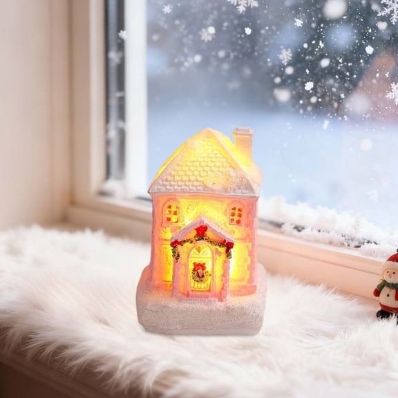 Christmas Village House Ornaments with LED Lights, Resin Mini Snow Houses Desktop Decoration, Lighted Winter Village Cottage for Home Office Tabletop Decor