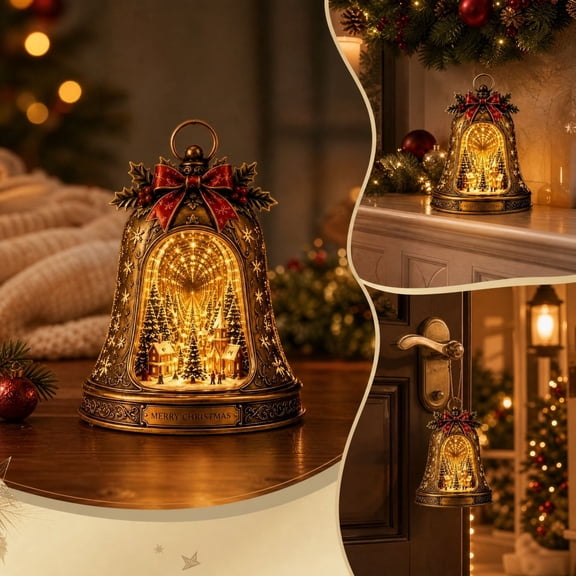 Christmas Village Infinity Bell, Vintage Bronze Bell with Warm LED Glow, Christmas village bell with infinity mirror effect for mantel, tabletop, shelf and Vacation Home decor.