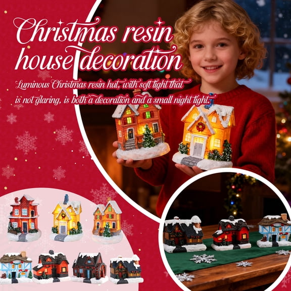 Christmas Village LED Lighted Houses Set, Indoor Room Decor Collectible Buildings, Festive Holiday Home Decoration,A