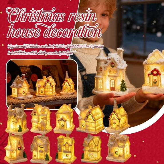 Christmas Village LED Lighted Houses Set, Indoor Room Decor Collectible Buildings, Festive Holiday Home Decoration,E