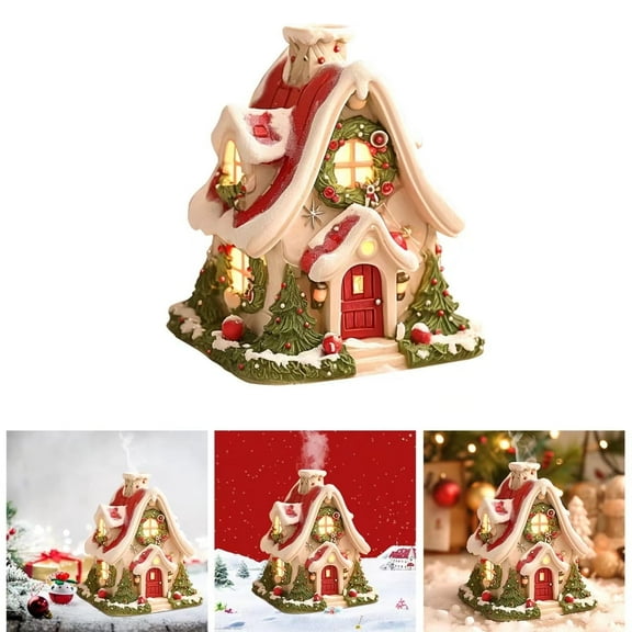 Christmas Village Light up House, 4Inch Resin Christmas Snowy Town with Xmas Tree and Snowman, Holiday Tabletop Decorations for Home Kitchen Office