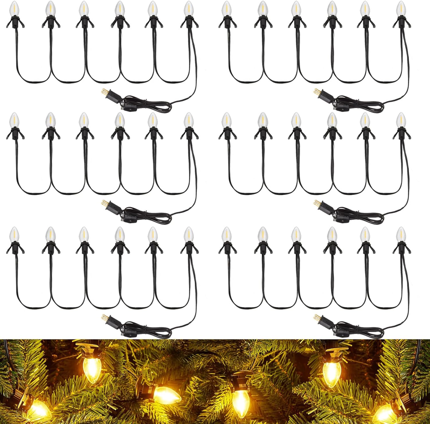 Christmas Village Lights Accessory Cord 6 LED Light Bulbs, Black Blow Mold Cord Light Kit with
