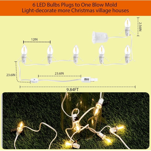 Christmas Village Lights, C7 Blow Molded Light Cord with 6 LED Bulb.9.8Feet Suitable for Christmas Village Houses, Halloween HolidayHoliday Lighting - Warm Light