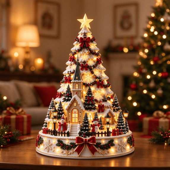 Christmas Village Lightscape Tree, Christmas Snowman Village Lighted Centerpiece For Indoor Seasonal Home Display