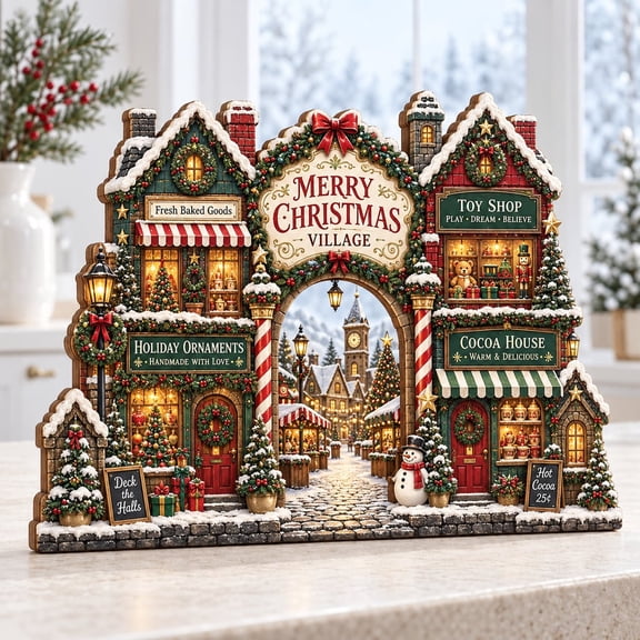 Christmas Village Main Street Wooden Block Decor for Tabletop Holiday Display