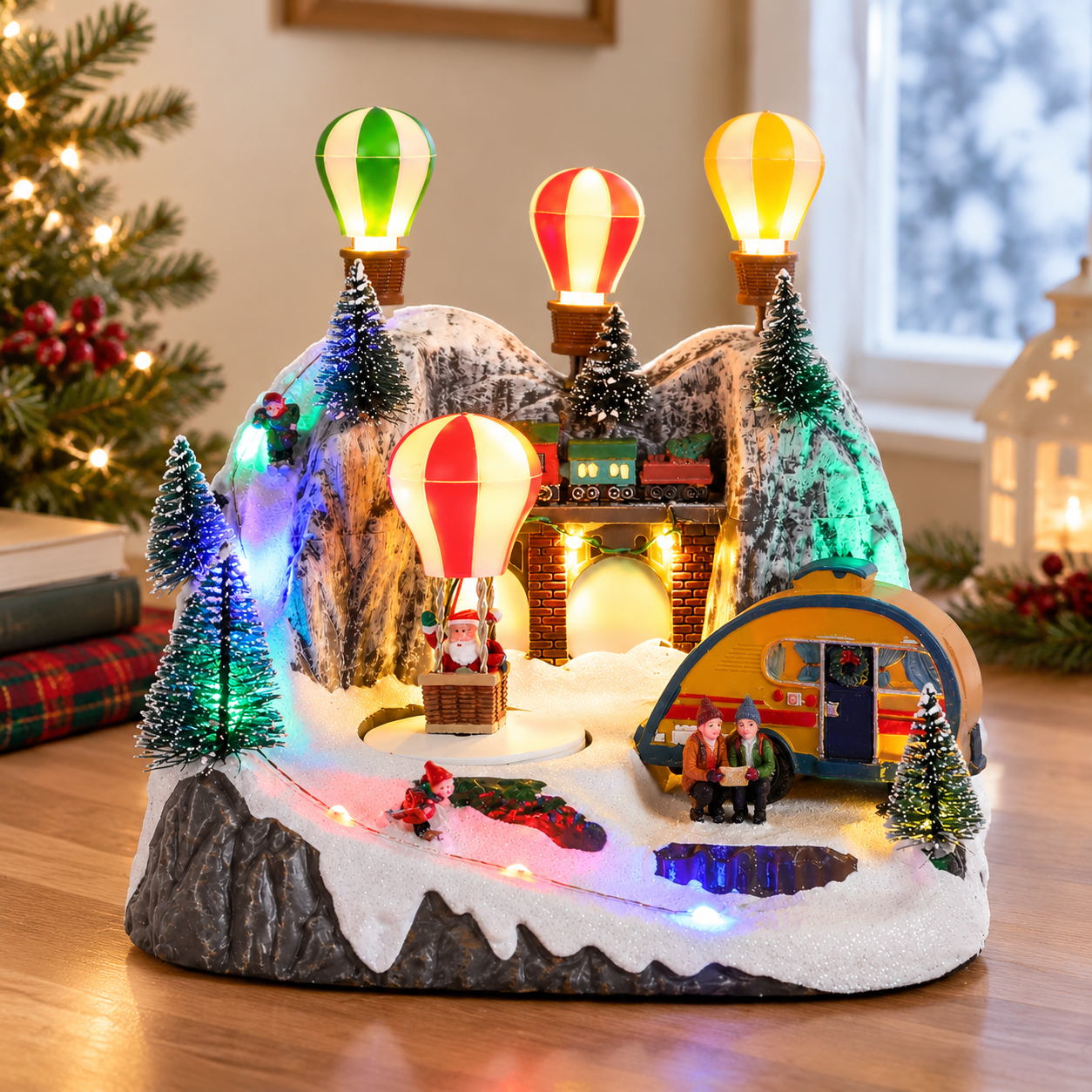 Christmas Village Ornament with Rotating Hot Air Balloon, Lights, Music ...