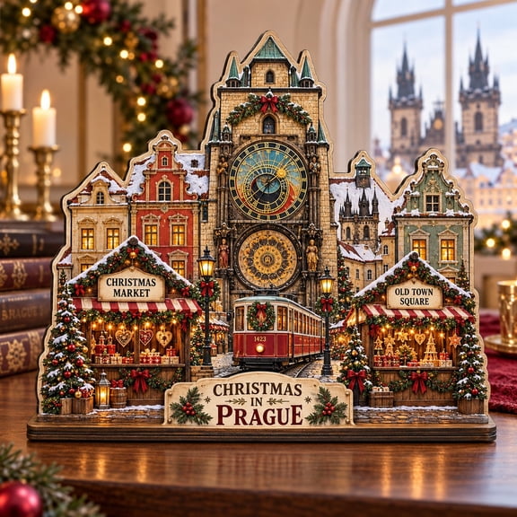 Christmas Village Plaque, Prague Astronomical Clock Scene, Wood Tabletop Display for Travelers