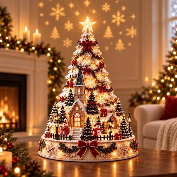 Christmas Village Projection Centerpiece, 3 Themed Villages,Decorations Indoor, Lighted Tabletop Tree with Wall and Ceiling Effects, Holiday Mantel Home Decor(#1Classic)