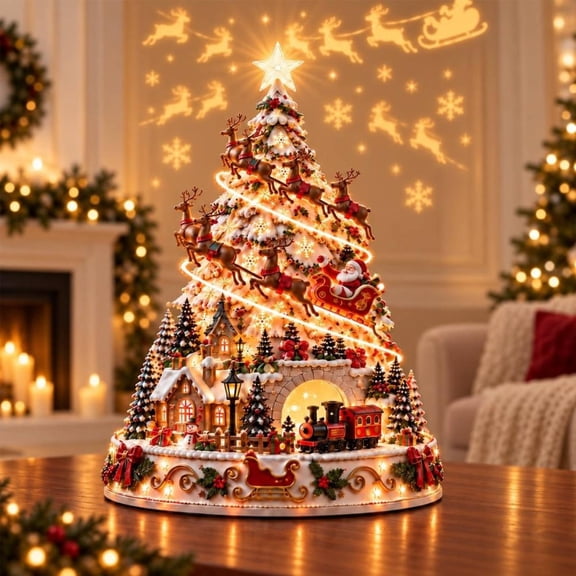 Christmas Village Projection Centerpiece, 3 Themed Villages,Decorations Indoor, Lighted Tabletop Tree with Wall and Ceiling Effects, Holiday Mantel Home Decor(#3Santa Express)