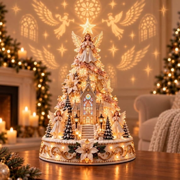 Christmas Village Projection Centerpiece,Decorations Indoor, Lighted Tabletop Tree with Wall and Ceiling Effects, Holiday Mantel Home Decor(#2Angel Chapel)