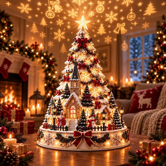 Christmas Village Projection Tree, Illuminated 3D Tabletop Centerpiece with Warm Lights and Holiday Wall and Ceiling Projection for Indoor Decor