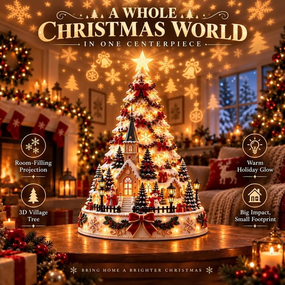 Christmas Village Projection Tree | Illuminated 3D Village with Wall & Ceiling Holiday Projection Tabletop Christmas Tree Village Projector Wall Ceiling Projection, for Indoor Holiday Display
