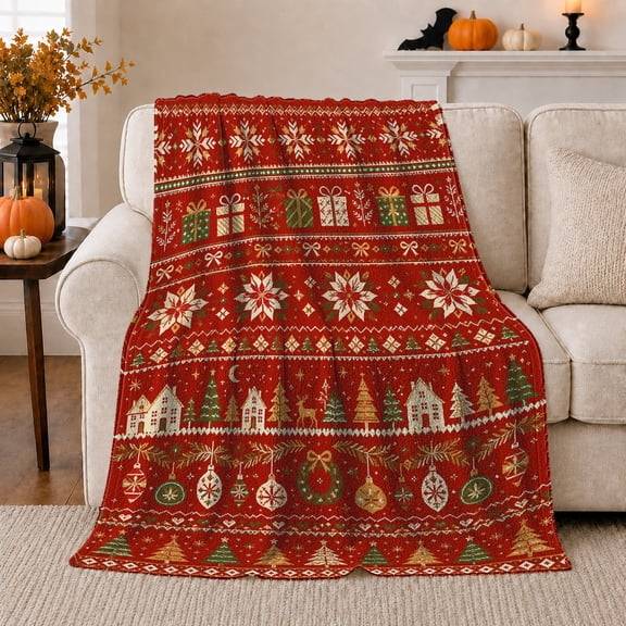 Christmas Village Reindeer Ugly Sweater, Festive Holiday Scene, Warm Flannel Blanket for Living Room and Reading Nook, Art Lovers Christmas Gift, Festive Home Decor