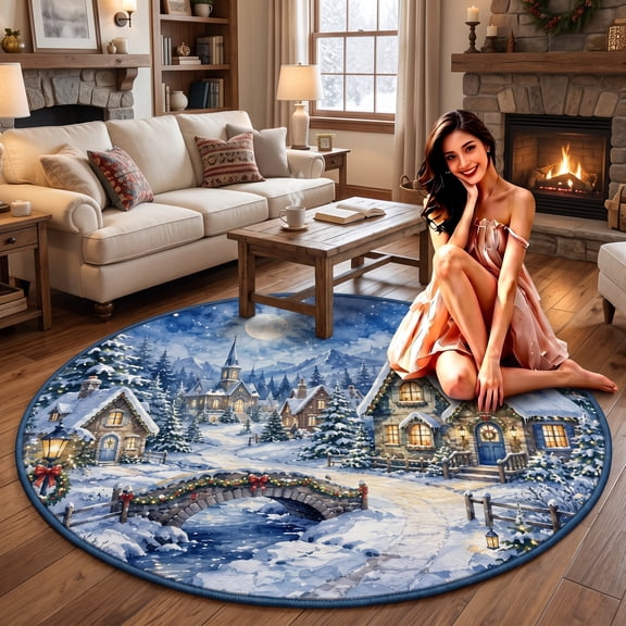 Christmas Village Round Flannel Area Rug, 120 x 120 cm Soft Circular Floor Mat with Snowy Mountain Town Pattern, Textured Backing for Living Room, Bedroom, Reading Corner and Holiday Decor