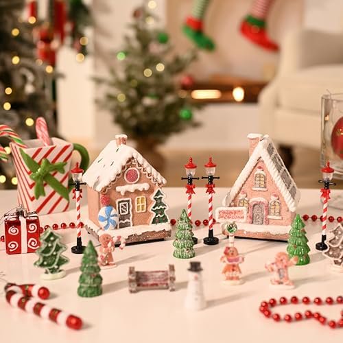 Christmas Village Set House Decorations, Battery Operated Christmas Gingerbread with Lights, Accessories Town Building Collection for Holiday Xmas Indoor Home DIY Tabletop (17 PCS)