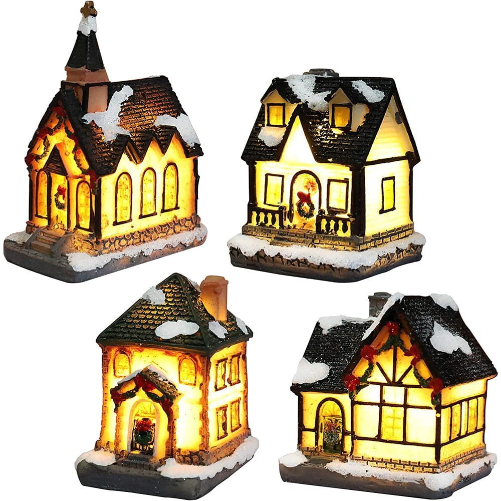 Christmas Village Set LED Illuminated Christmas Village House with Figurines, Christmas