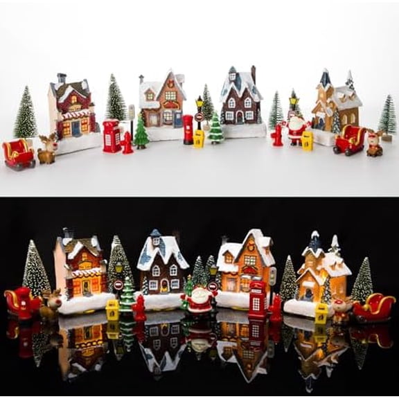 Christmas Village Sets, Resin Christmas Village Houses with LED Light, Christmas Town Scene Figurines Building Sets Christmas Indoor Decor Collection Buildings$$Home Decor, Kitchen, & Other