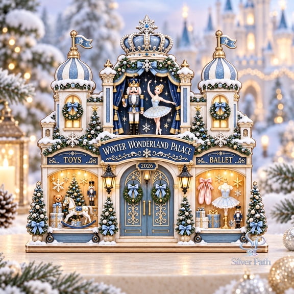 Christmas Village Shelf Decor, Nutcracker Ballet Shop Wooden Block 2 Layer for Winter Wonderland Displays