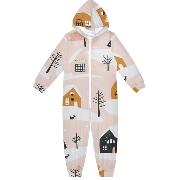Christmas Village Snowy Landscape One Piece Pajamas Soft Jumpsuit Cozy Sleep and Play Romper Zipper and Pockets 9-11Y