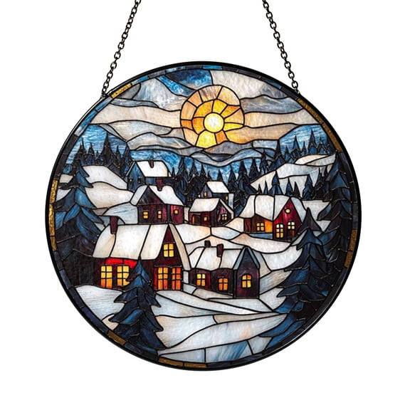Christmas Village Stained Glass Suncatcher Window Decor, Snowy Winter Town Art Glass Window Hanging Ornament, Festive Holiday Scene Decorative Glass Panel for Winter Home Decor Gift