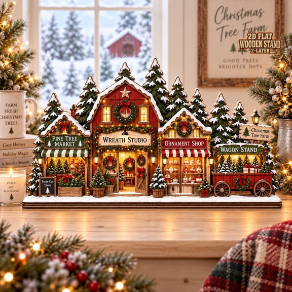 Christmas Village Tabletop Block Tree Farm Market Holiday Decor